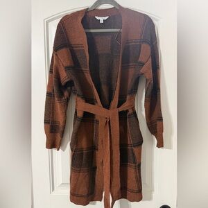 Brown Plaid Open Cardigan with Belt